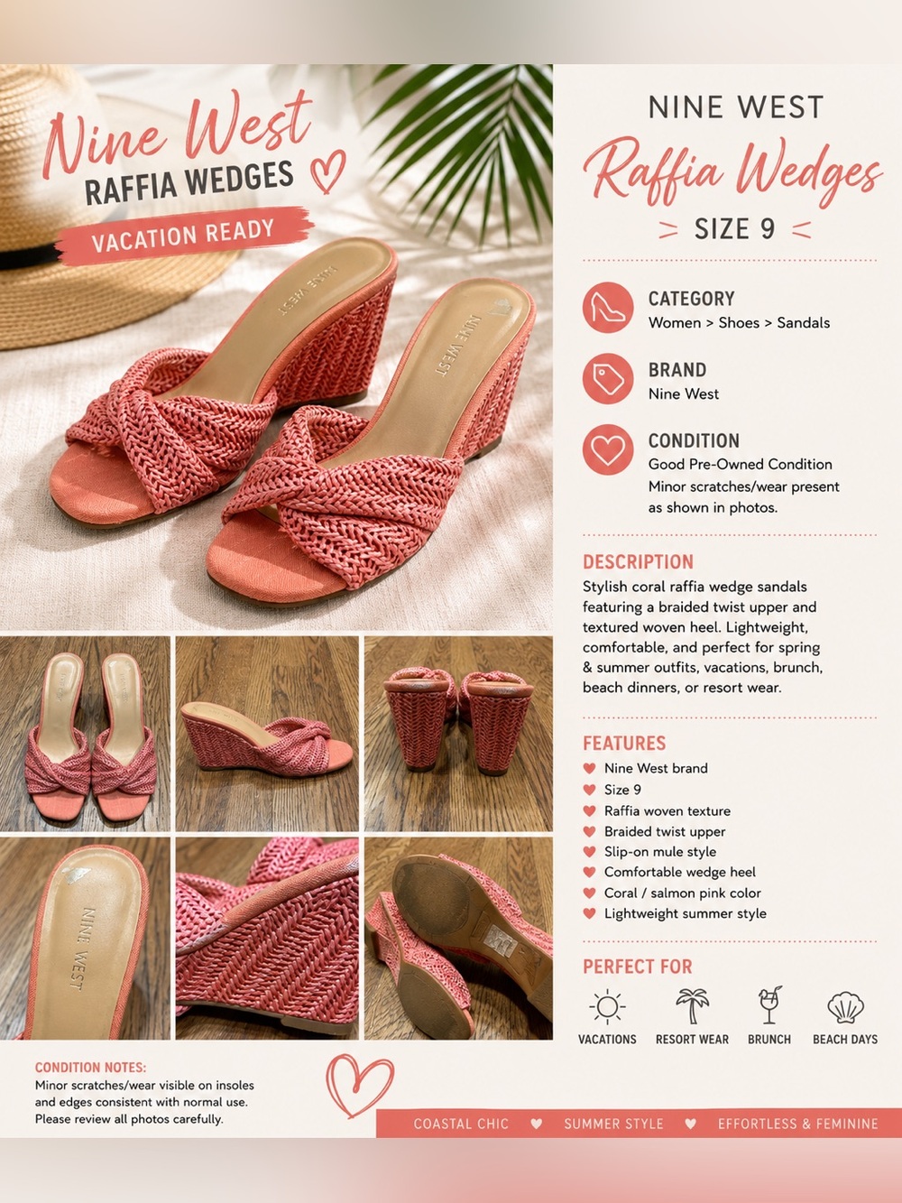 Nine West Coral Raffia Wedge Sandals Size 9 Braided Slide Heels